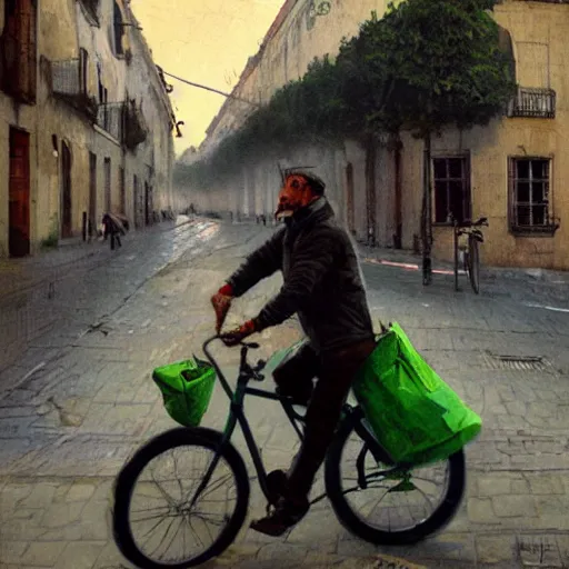 Image similar to a food delivery guy on his bicycle wearing a big green bag at the streets of Lisbon, art by Greg Rutkowski