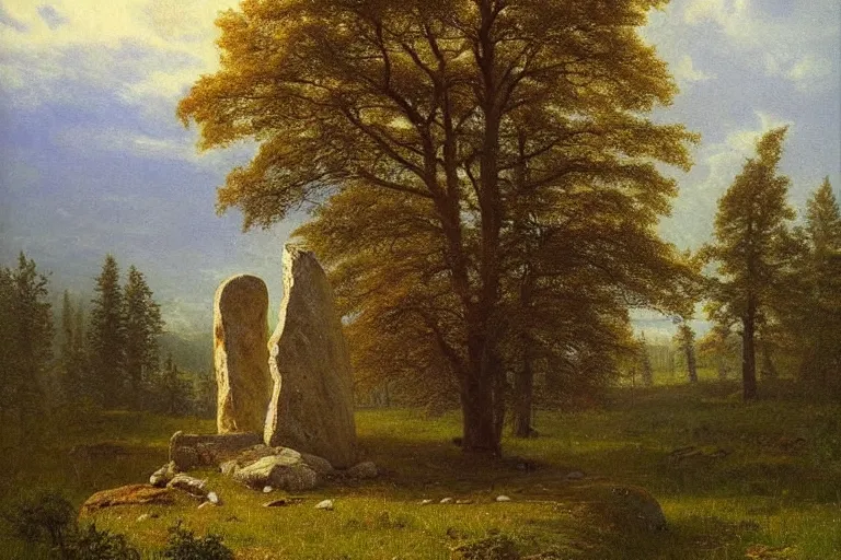 Image similar to runestone, megalithic, monument, nature, trees, focused, centered, very detailed, norse, histor, oil painting, Albert Bierstadt