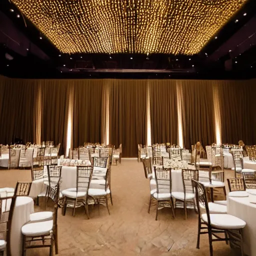 Image similar to large convention centre room decorated for a wedding reception, ceiling swagging, fairy lights, symmetrical lighting design, interior design by Wes Andersson