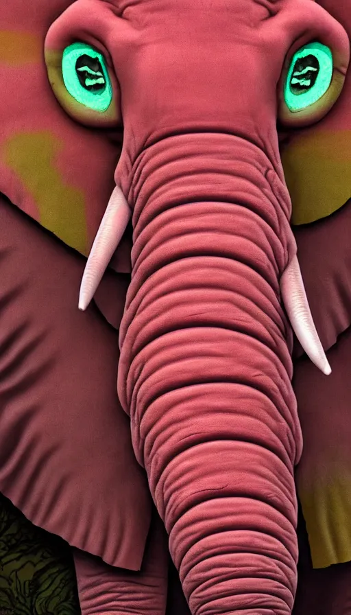 Image similar to A photo of an elephant with pink skin and a piercing in his trunk and his ears, wearing a orange green mohawk and a leather jacket on which a mouse is printed. photograph of a pink elephant, film still, insane detail, Hyperrealism, intricate, highly detailed, Zeiss Lens, DSLR photography, smooth, sharp focus, Unreal Engine 5, Octane Render, Redshift, 8K
