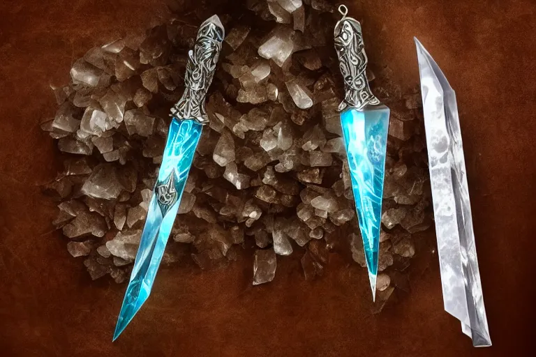 Image similar to A crystal dagger shimmers with an unnatural light, it had been enchanted by a skilled sorcerer, D&D fantasy setting, 4k