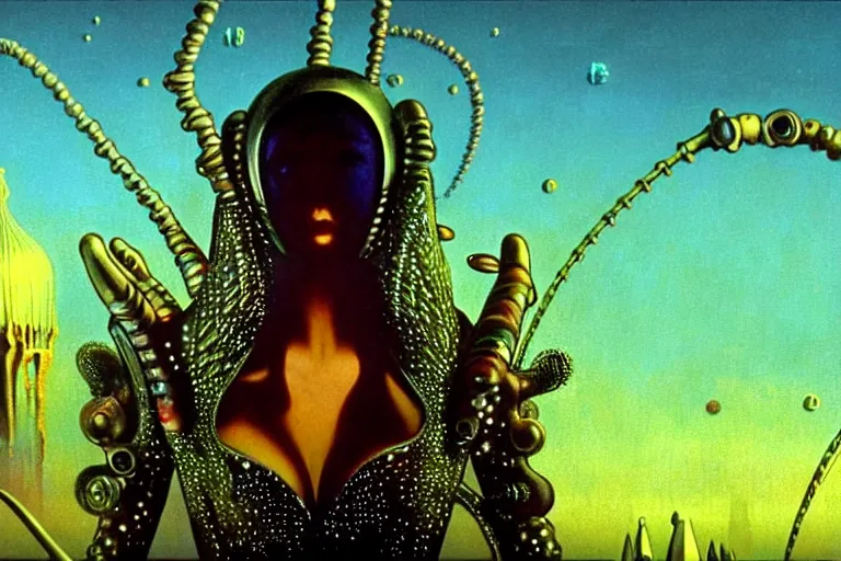 Image similar to extremely detailed movie shot closeup portrait of a beautiful alien girl wearing leather coat, saint petersburg city background by denis villenueve, yves tanguy, ernst haeckel, roger dean, amano, alphonse mucha, dynamic composition, rich moody colours