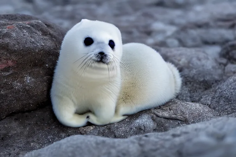 Image similar to adorable baby harp seal on a rocky beach,