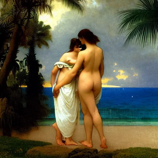 Image similar to Silhouette of two girls at the palace, thunderstorm, greek pool, beach and palm trees on the background major arcana sky, by paul delaroche, alphonse mucha and arnold böcklin arnold böcklin hyperrealistic 8k, very detailed