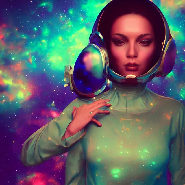 Image similar to - a seductive women with astronaut helmet, standing on the edge of the universe trying to make sense of the world with psychedelic backgrounds, 4 k, trending on artstation, renaissance