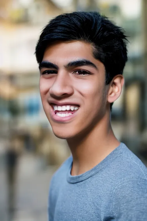 Image similar to close up headshot of an androgynous Hispanic teen male with medium length slightly wavy black hair a wide smile brown eyes a small nose tidy plucked eyebrows dark brown eyes and a diamond shaped face, high resolution film still, 8k, HDR color, gazing dark brown eyes, high cheek bones, trimmed eyebrows