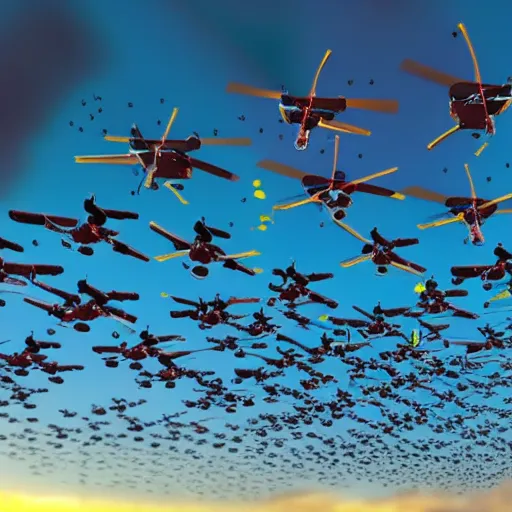 Image similar to A swarm of drones landing at a airport. Futuristic, bright colors, during the day, no clouds, Hyper realistic, bright colors, 8k.