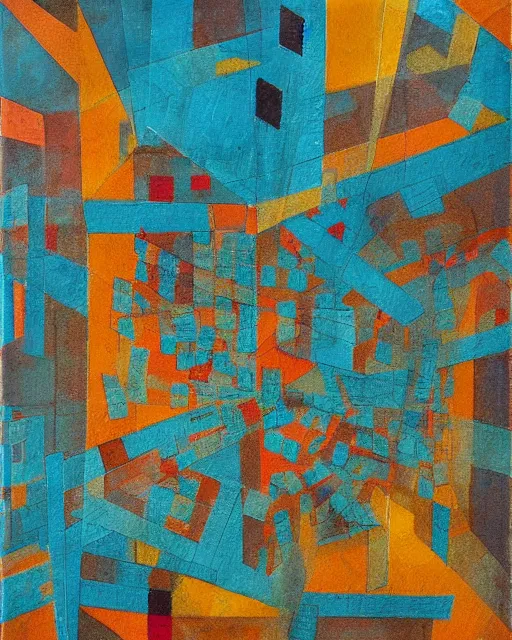 Image similar to a painting of satellite view of a square city with geometric shapes by ramon chirinos, abstract geometric, glitches, ocher and turquoise colors