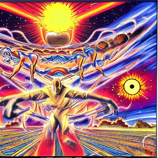 Image similar to random dreams of a mersenne twister, manga comic book cover, action, explosions, by alex grey