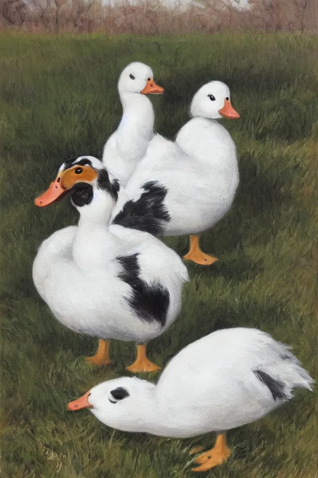 Image similar to painting of a cute white duck and a merle border collie