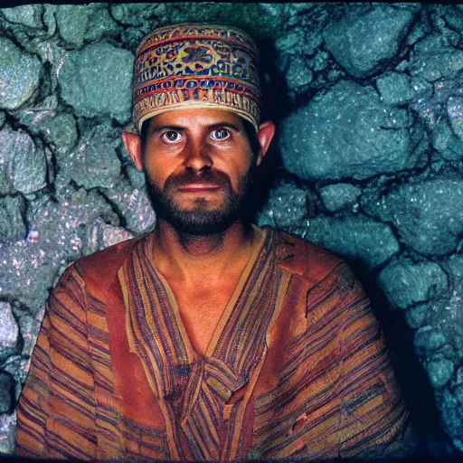 Image similar to 3 5 year old man in ancient canaanite clothing surrounded by ferocious lions. cave interior background. ektachrome photograph, volumetric lighting, f 8 aperture, cinematic eastman 5 3 8 4 film