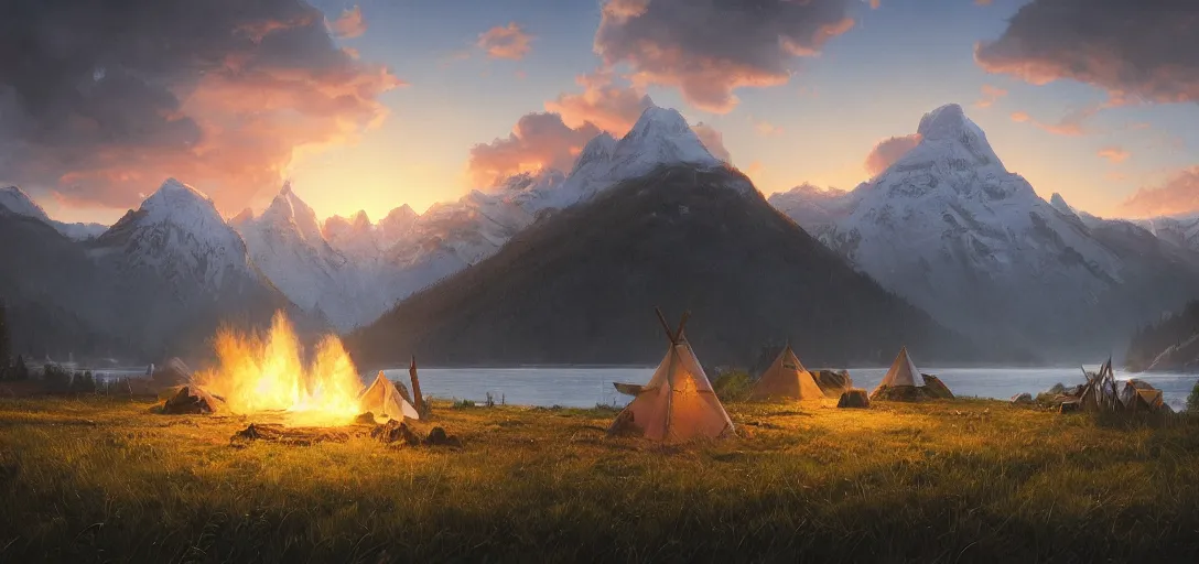 Prompt: beautiful render of a sunset landscape, unreal engine, first light, majestic snowy mountains, lake, lush grass, dramatic clouds, teepee, village, campfire, soft light, by greg rutkowski, cgsociety