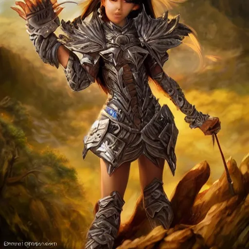 Prompt: sakimi chan, standing on a rock, fantasy armor, detailed face, tony sart, hyper realistic
