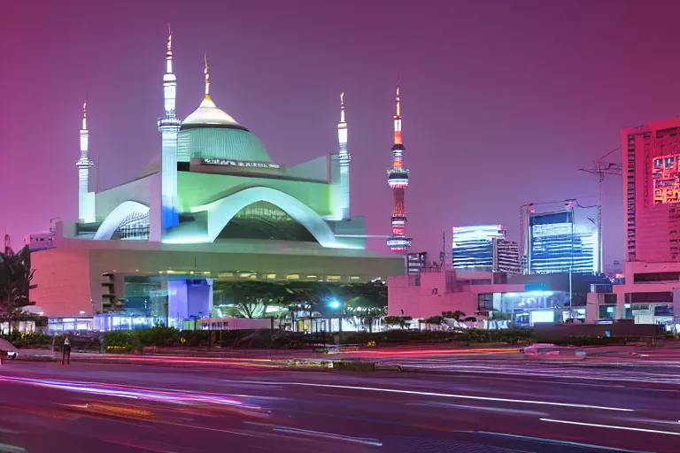 Image similar to exterior view of istiqlal mosque tokyo at night, promotional architectural photo, but in setting of japanese cyberpunk, neon tones