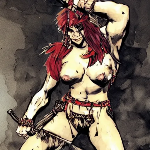 Prompt: very beautiful female barbarian, looking fierce, perfect face, perfect body drawn by ashley wood