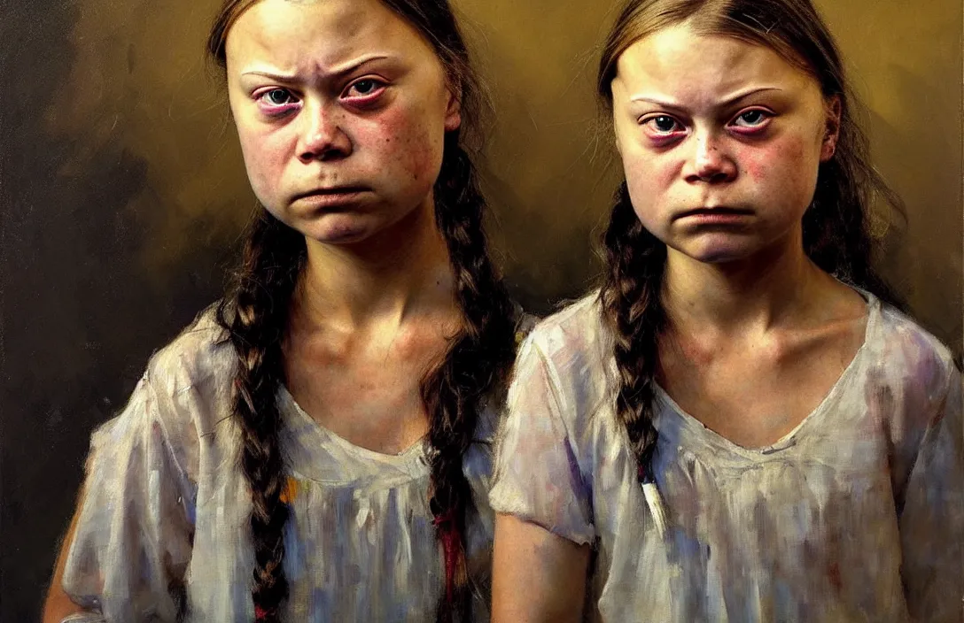 Prompt: portrait of greta thunberg looking angry!!!!!!!!!!!!!!!!!!!!!!!!!!!, detailed face, detailed painting, epic lighting, by ilya repin, phil hale and kent williams