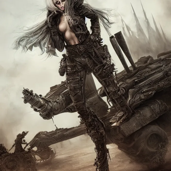 Prompt: beautiful apocalyptic woman in hooded cloak, standing on mad max panzer tank, hyper-detailed, smooth, sharp focus, 4k ultra hd, fantasy dark art, tank girl, artgerm, artstation, octane render, elegant, detailed digital painting, apocalyptic art, cryengine