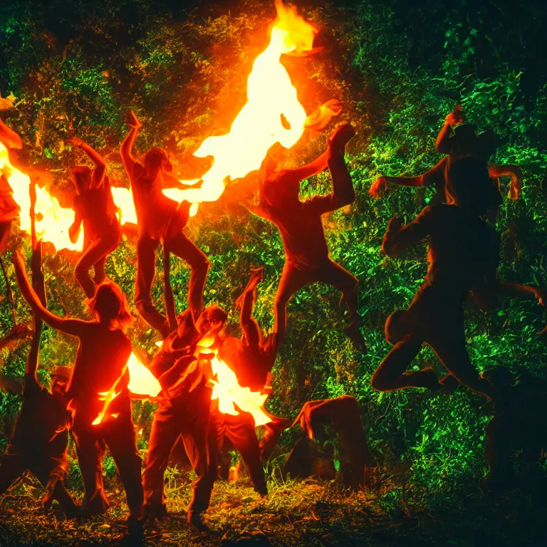 Image similar to real life 1 2 monkeys dancing around a fire in a jungle, cinematic, volumetric lighting, vivid colours, f 8 aperture, cinematic eastman 5 3 8 4 film, photorealistic