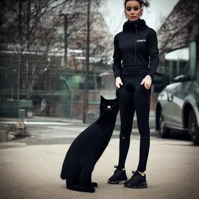 Prompt: a black cat wearing techwear, stylish, instagram, fashion design