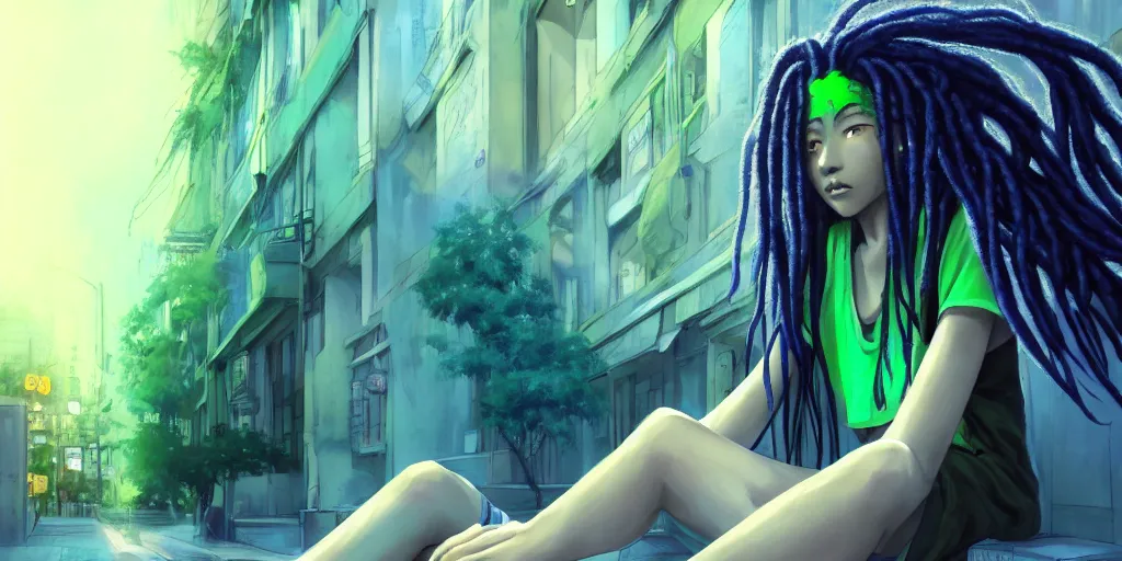 Prompt: concept art, pretty girl sitting on street, long dreadlocks blue and green, singular, junichi higashi, isamu imakake, intricate, balance, ultra detailed, full far frontal portrait, volumetric lighting, cinematic lighting + masterpiece,