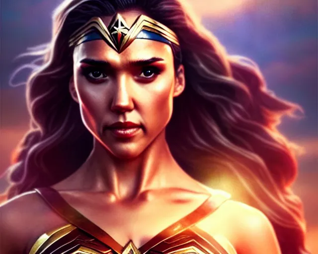 Prompt: jessica alba as wonder woman, elegant, highly detailed, sharp focus, art by Artgerm and Greg Rutkowski and WLOP