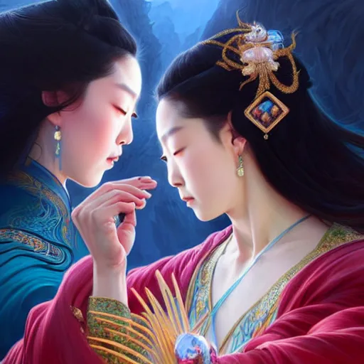 Image similar to ‘ a full portrait of two elegant Chinese princesses, kongfu fighting, D&D, blue eyes, fire hair, fantasy, intricate, elegant, highly detailed, digital painting, artstation, concept art, smooth, sharp focus, illustration, art by artgerm and greg rutkowski and alphonse mucha’