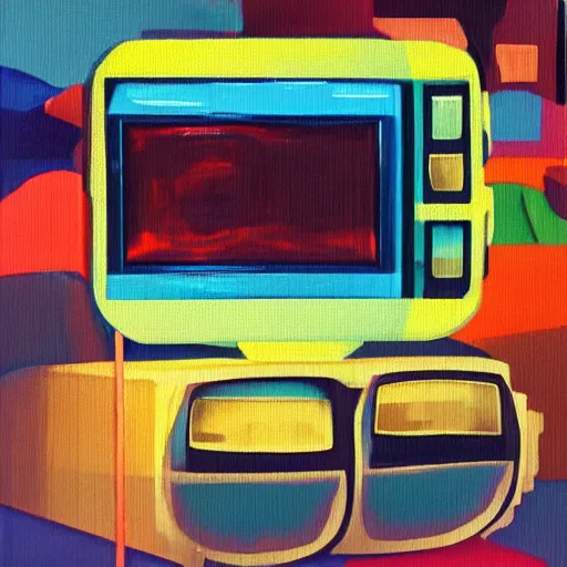 Image similar to array of crt televisions made out of cars, tv static, blob, technology, antenna, stacked, junkyard, polaroid, steroids, adult video store, impressionist painting, painting, acrylic painting, cell shaded