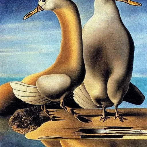 Image similar to Geese being naughty, Salvador Dali style