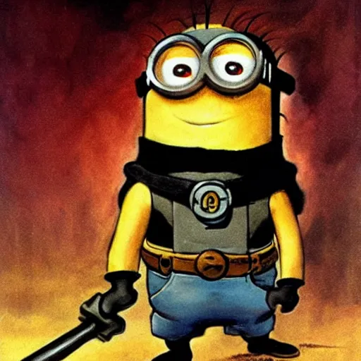 Prompt: a minion in the style of a barbarian, made by Frank Frazetta,