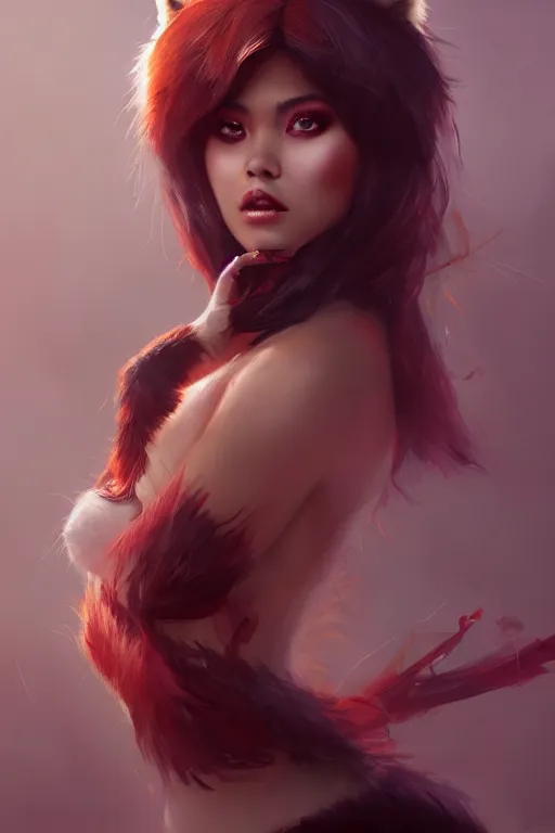 Image similar to a detailed image of a beautiful woman with red panda features, in professional makeup, dramatic lighting, by artgerm, ross tran, greg rutkowski, 4 k, trending on artstation