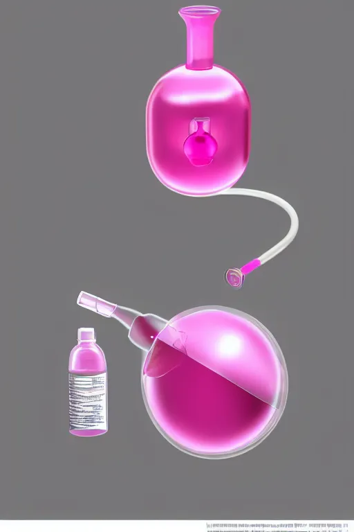 Image similar to Pink Vapor Inhalation Machine Connected to a Spherical Bottle of Pink Liquid by a Tube, Pink Vapor Leaking from an Oxygen Mask, fantasy, magic, ultra detailed, digital art, trending on artstation, illustration, medical laboratory