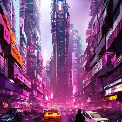 Prompt: an overpopulated, busy, dark cyberpunk metropolis with flying cars, fuchsia and blue, hundreds of people humans in the streets packed like sardines, smog, tv screens, the fifth element inspired digital art