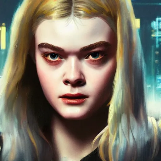 Prompt: ultra realistic medium shot portrait painting of elle fanning in cyberpunk 2 0 7 7, art by frank frazetta, 4 k, ultra realistic, highly detailed, epic lighting