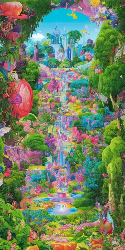 Image similar to bosch and beeple ( ( ( and lisa frank ) ) ) painting of a magnificent garden filled with remarkable sculptures, trees, and structures, incredible details