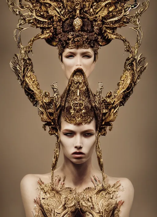 Image similar to a portrait of female model by stefan geselle and nekro borja, photorealistic, intricate details, hyper realistic, fantasy, elegant, ornate metal gold headpiece, photorealistic, canon r 3, photography, wide shot, symmetrical features, wide angle shot, whole body, full body shot, standing pose, feet on the ground, studio background