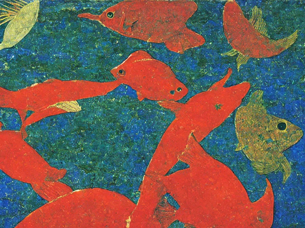 Image similar to close up of exotic, beautiful fish. lapis lazuli, malachite, cinnabar, gold. painting by piero della francesca, balthus, agnes pelton