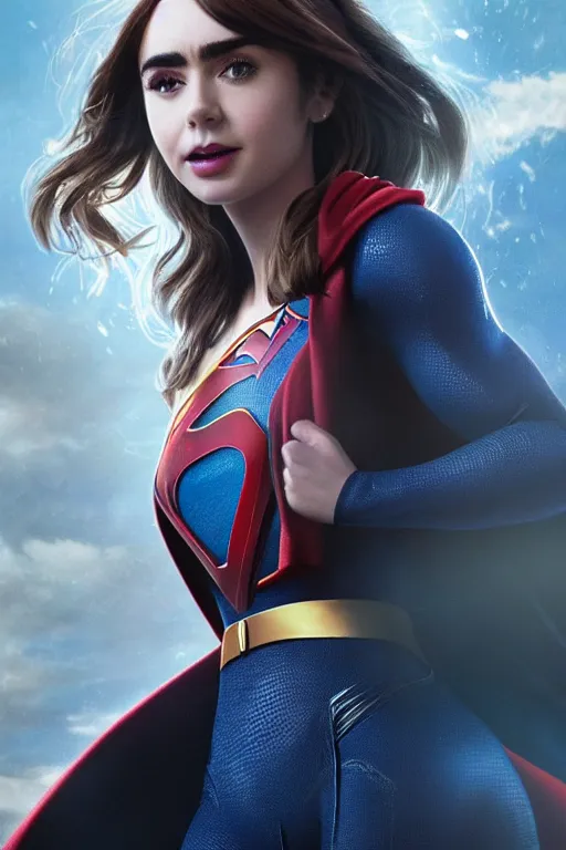 Prompt: a potrait of Lily Collins as Supergirl with man of steel suit style by Greg Rutkowski, Sung Choi, Mitchell Mohrhauser, Maciej Kuciara, Johnson Ting, Maxim Verehin, Peter Konig, 8k photorealistic, cinematic lighting, HD, high details, dramatic, trending on artstation, full body shot