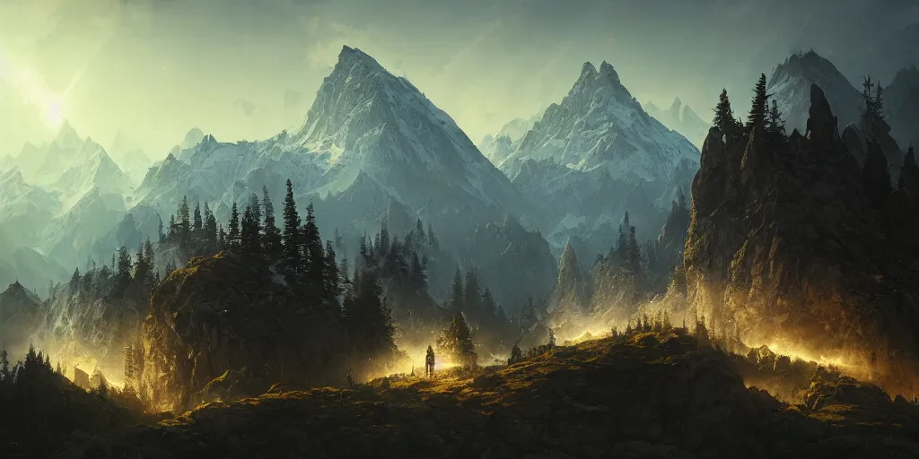 Prompt: beautiful fantasy alps landscape, godrays, magnificent, luxury, detailed, sharp focus, close up, low angle, high detail, volumetric, illustration, cold lighting, by jordan grimmer and greg rutkowski, trending on artstation, pixiv