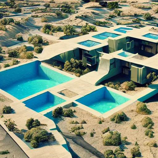 Prompt: architectural rendering of habitat 6 7 in the desert, biophilia mood, pool, garden, highly detailed, cinematic, photorealistic,
