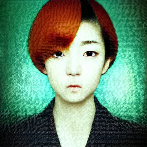 Image similar to yoshitaka amano blurred and dreamy realistic three quarter angle portrait of a young woman with short hair and black eyes wearing office suit with tie, junji ito abstract patterns in the background, satoshi kon anime, noisy film grain effect, highly detailed, renaissance oil painting, weird portrait angle, blurred lost edges