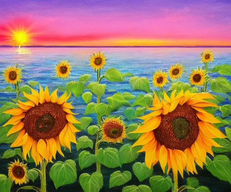 Image similar to sunflowers in the water, william henrits, hovik zohraybyan, water painting, bright colors, pink skies, sunrise, peaceful, serene, joy