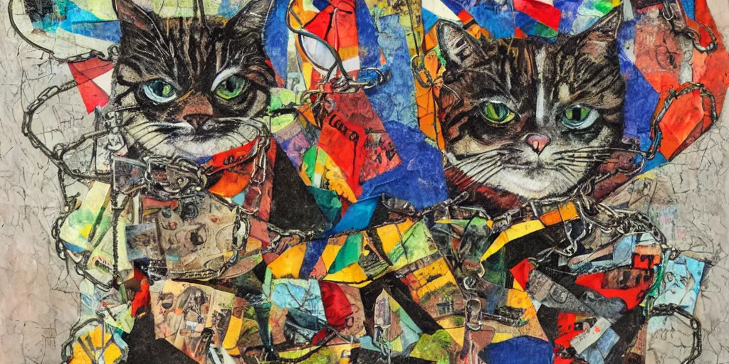 Prompt: mad cat on a chain, collage, acrylic on canvas, lines with colored pencils, newspaper clippings, expressionism movement, breathtaking detailed, by blake neubert