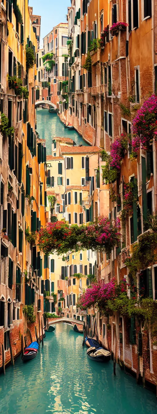 Prompt: a pathway in the Venice, Italy, Canals, beautiful raking sunlight, apartments with colorful balconies, flowers, laundry hanging, bridges, gondolas realistic, cinematic lighting, volumetric, dappled sunlight by Moebius and alphonse mucha and roger deakins
