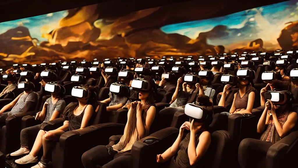 Image similar to people in a busy dark movie theatre, all of themare wearing vr headsets with art direction by salvador dali, wide lens