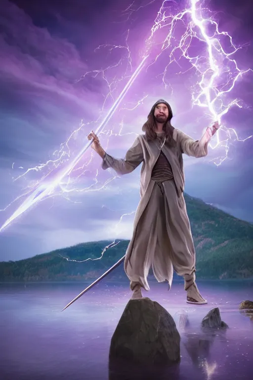 Image similar to hyper realistic mystical wizard holding a sword that’s pointed towards the sky, sword is getting shocked by purple lightning, wizard is levitating over a lake, reflection, octane, trending on artstation, hyper realistic, highly detailed, 8k