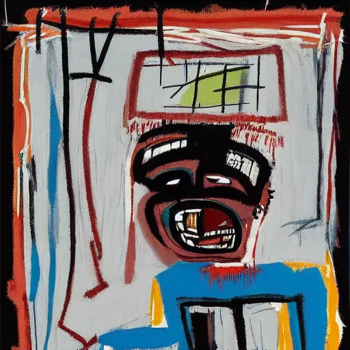 Prompt: Happy Morning. Sunlight is pouring through the window lighting the face of a sleepy young man drinking a cup of coffee. A new day has dawned bringing with it new hopes and aspirations. Detailed and intricate painting by Basquiat, 1980