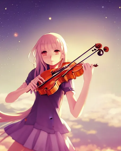 Image similar to teen, cute, melancholy, full body, cat girl, white skin, golden long wavy hair, holding a violin and playing a song, stunning art style, filters applied, lunar time, night sky, trending art, sharp focus, centered, landscape shot, fate zero, simple background, studio ghibly makoto shinkai yuji yamaguchi, by wlop