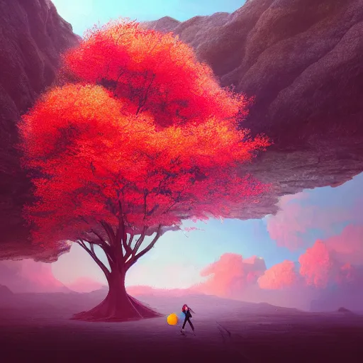 Image similar to giant cherry tree as a head, girl walking in a canyon, surreal photography, sunrise, dramatic light, impressionist painting, colorful clouds, digital painting, artstation, simon stalenhag