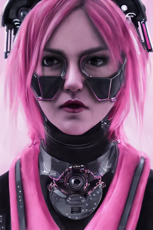 Image similar to detailed realistic female character cyberpunk wearing thick technological , pink hair, pulp style collar around neck, realistic, art, beautiful, 4K, collar, choker, collar around neck, punk, artstation, detailed, female, woman, choker, cyberpunk, neon, punk, collar, choker, collar around neck, thick collar, tight around neck, punk,