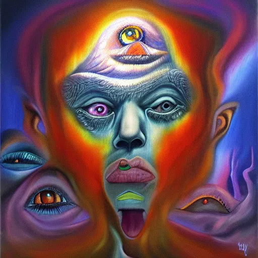 Prompt: fear psychosis in oil paint, surrealist highly detailed at, astral ethereal, trending on art station, masterpiece, visionary art, emotional oil painting